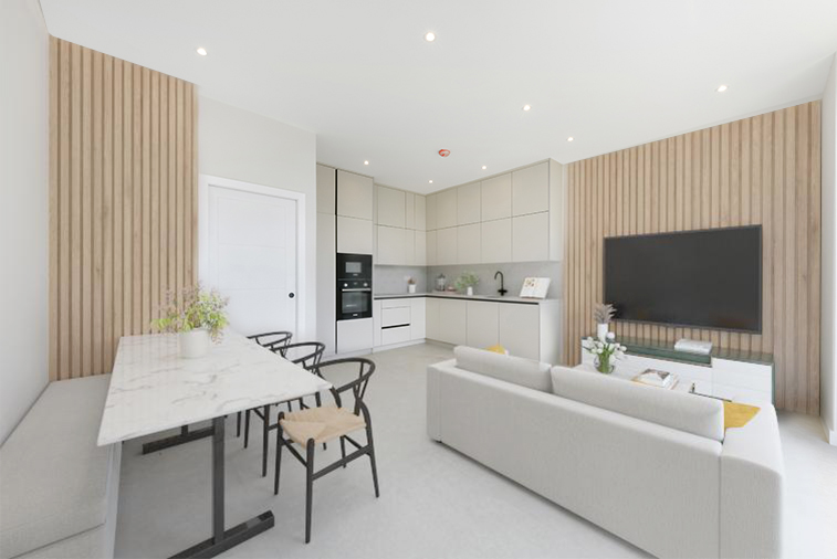 Open plan kitchen and living staged